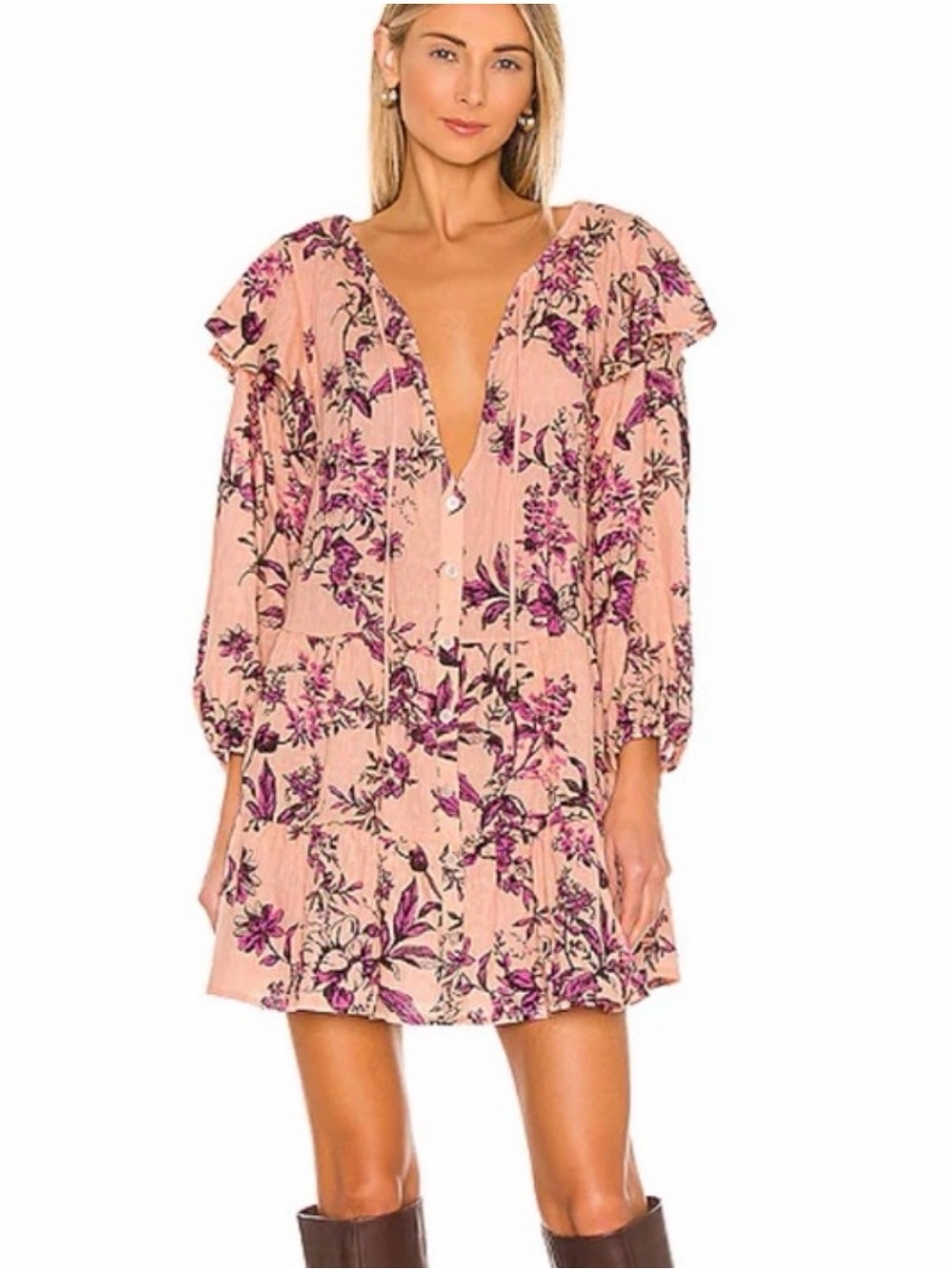 Free People Peach Mini Dress with Purple Floral Print